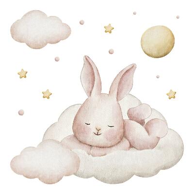 Naklejki dla dzieci 130x112 Zajączek w chmurach z pastelowymi gwiazdami