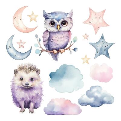Naklejki dla dzieci 130x172 Pastelowe akwarele z nocnym światem zwierząt