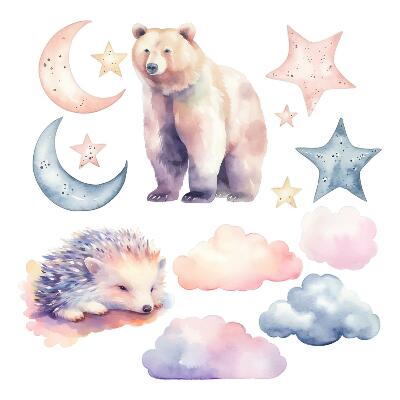 Naklejki dla dzieci 130x232 Pastelowe zwierzęta i nocne niebo w akwarelowym klimacie