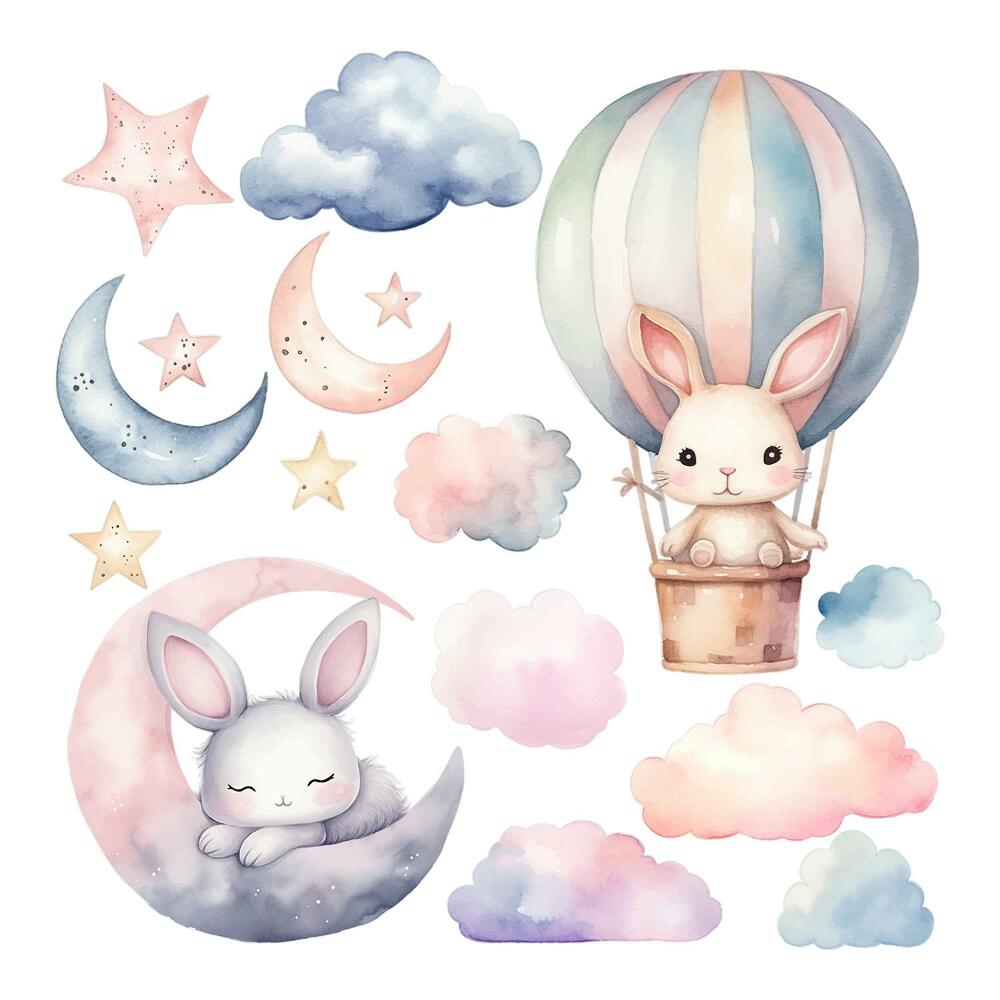 Naklejki dla dzieci 130x173 Nocny balon z uroczymi królikami w akwareli
