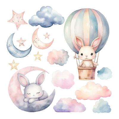Naklejki dla dzieci 130x173 Nocny balon z uroczymi królikami w akwareli