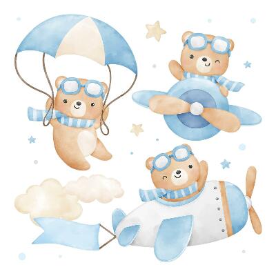 Naklejki dla dzieci 130x204 Misie w pastelowym stylu akwarelowym na niebie