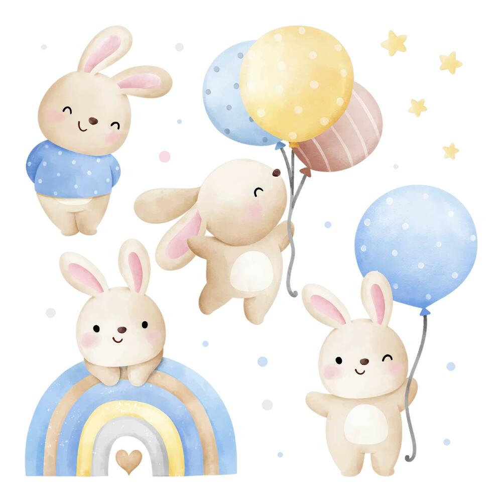 Naklejki dla dzieci 130x203 Pastelowe króliczki z balonami i gwiazdami