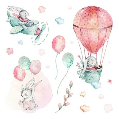 Naklejki dla dzieci 130x153 Słodkie akwarelowe króliczki na tle nieba