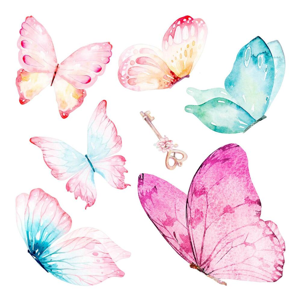 Naklejki dla dzieci 130x209 Motyle w pastelowych barwach z kluczem w tle