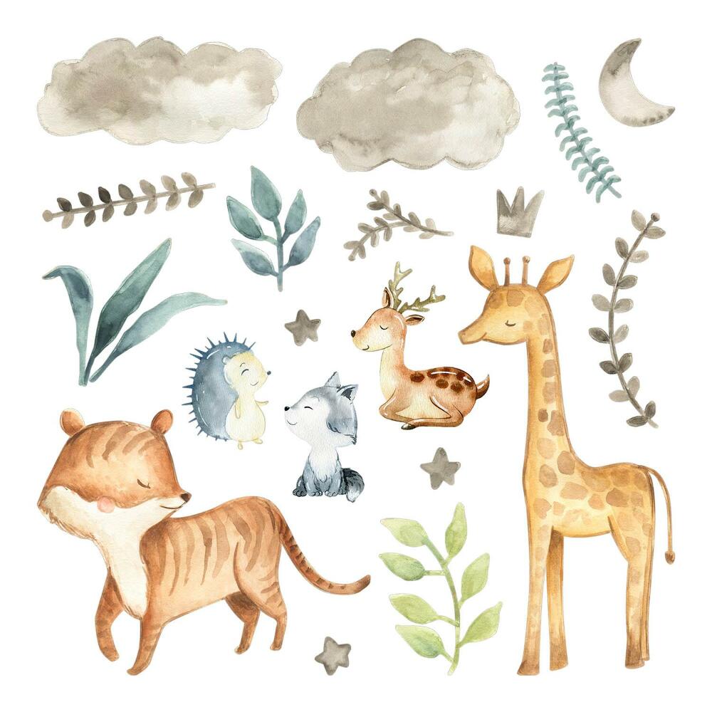 Naklejki dla dzieci 130x218 Pastelowe akwarelowe wzory zwierząt i roślin