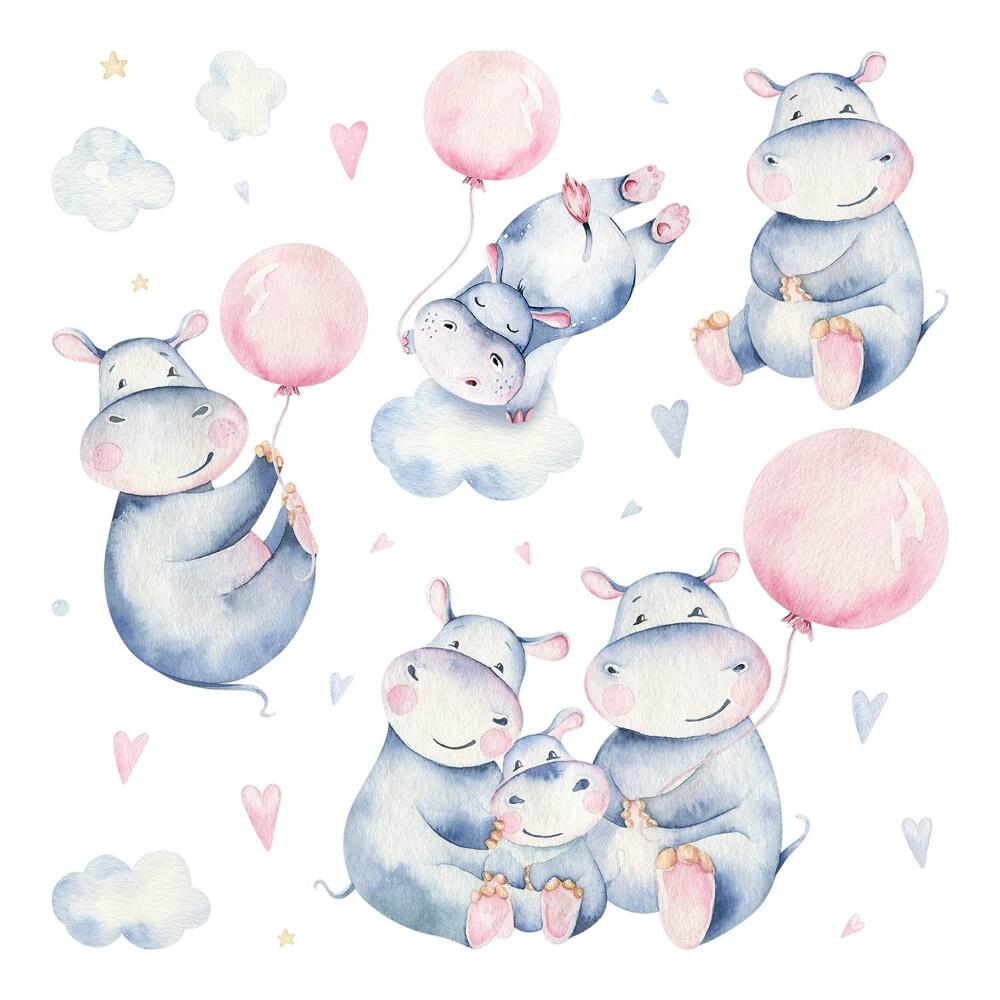 Naklejki dla dzieci 130x220 Urocze hipopotamy w otoczeniu chmur i balonów