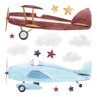 Naklejki dla dzieci 130x161 Chmurowe samoloty i gwiazdy w akwarelowym stylu