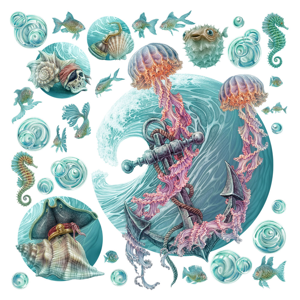 Naklejki dla dzieci 130x134 Rysunkowy świat morskich zwierząt w pastelach