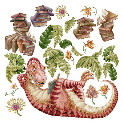 Naklejki dla dzieci 130x194 Rysunkowy dinozaur w liściach i pastelach